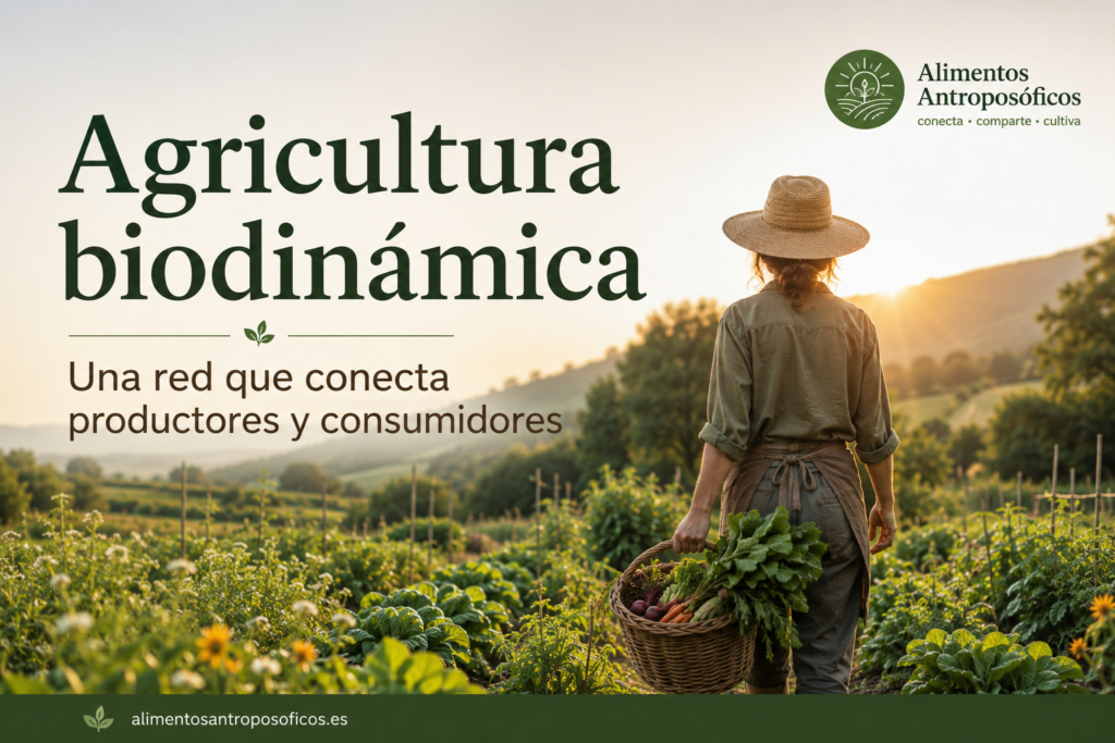 Agricultora en un campo de agricultura biodinámica con una cesta de hortalizas frescas, representando una red que conecta productores y consumidores conscientes.